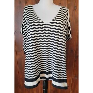Edinburgh Knitwear Women M Poncho Top Black White Stripe 100% Pima Cotton Iconic
